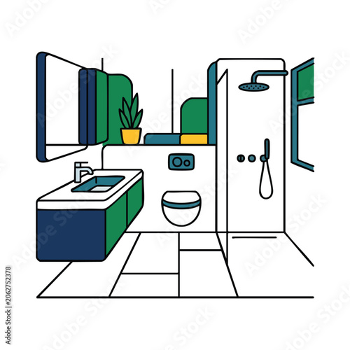 Connectivity a modern bathroom interior with a shower, toilet, sink, and mirror isolated on white background