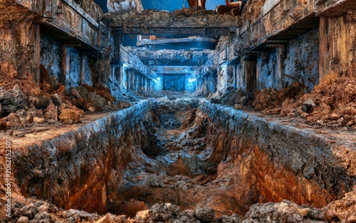 Deep Excavation Pit with Visible Geological Layers and Artificial Lighting in Construction Environment