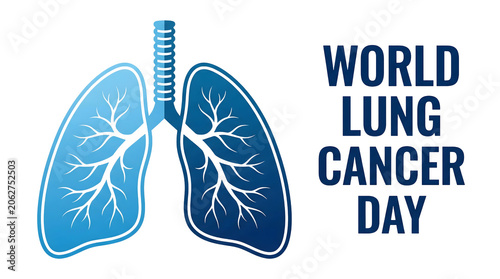 World Lung Cancer Day illustration with blue lungs and trachea on black background with text