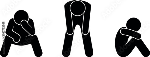 Photos Sad depressed stick figure vector silhouette set showing tired black person crying sitting and leaning in despair