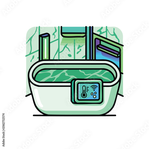 Connectivity a cartoon illustration of a green foot bath with a digital control panel and various attachments on a green background