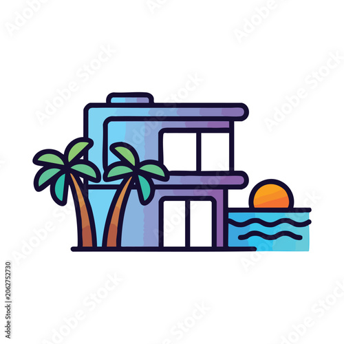 Connectivity a colorful cartoon illustration of a beach house with palm trees and a sunset isolated on white background