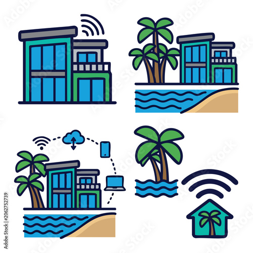 Connectivity a set of four colorful icons depicting beach houses and palm trees with internet connectivity isolated on white background