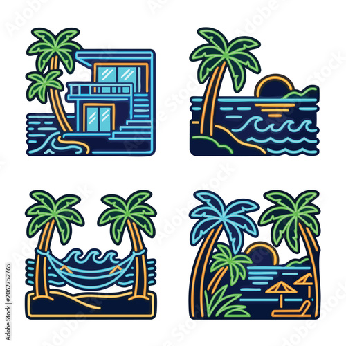 Connectivity a set of four tropical beach icons with palm trees and ocean views in a neon color scheme isolated on white background