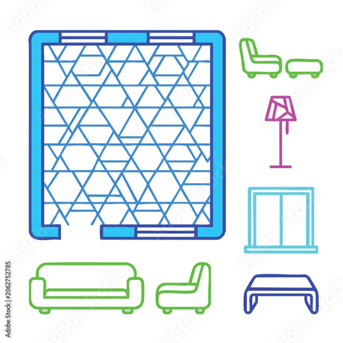 Connectivity a vector graphic image of various furniture icons in different colors on a white background