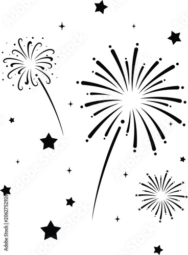 Black and white fireworks and stars illustration on white background