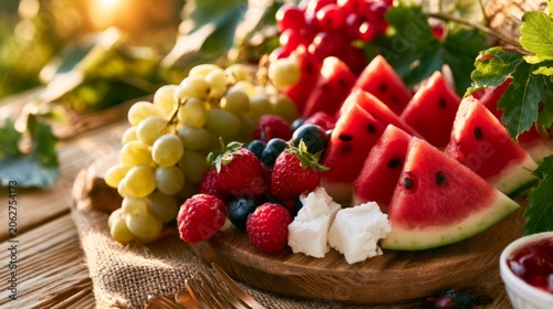 Rustic Countryside Brunch Platter with Fresh Harvest Fruits and Creamy Soft Cheese on Natural Wood Table
