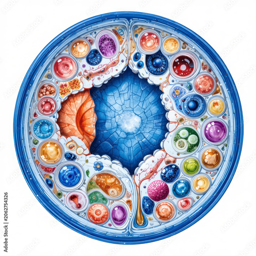 Naklejka premium Abstract microscopic biological structure with colorful cellular elements and intricate organic patterns isolated on white background.