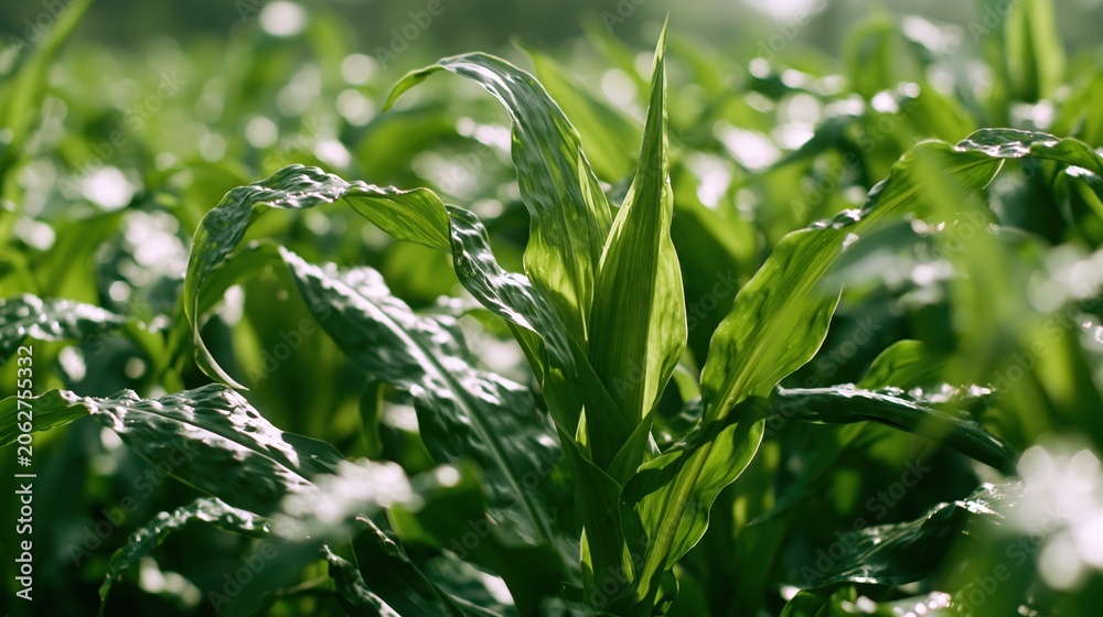 Obraz premium Close-up Lush Green Cornfield Under Natural Sunlight, Agricultural Growth Concept
