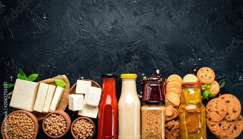 Assorted dairy products and snacks.