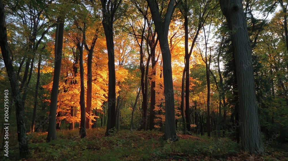 Fototapeta premium Autumn forest with warm sunlight filtering through trees