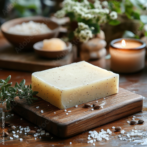 Natural handmade soap bar with sea salt and spa ingredients on rustic wooden board