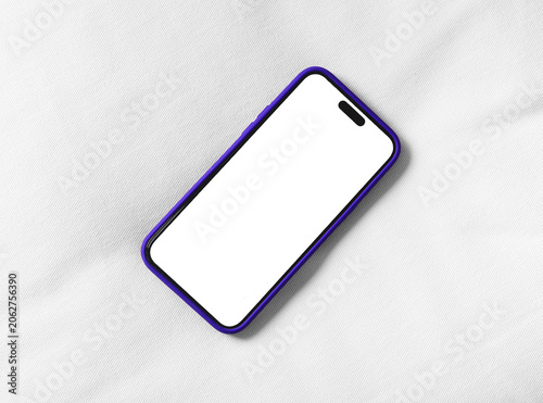 Blank smartphone mockup on light fabric background. Angled mobile phone with purple case and copy space. App design template for advertising and presentation..