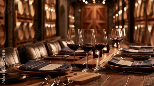 Elegant winery barrel room dining table with wine glasses and fine dining setting