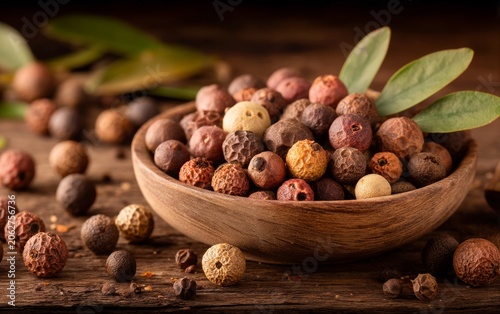 Assorted Whole Cubeb Pepper and Traditional Spices in a Wooden Bowl on Rustic Table