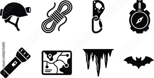 Bild auf Leinwand Caving Exploration and Mountaineering Equipment Vector Silhouette Icons Set for