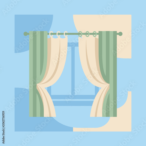 Canvastavla Green and cream curtains hang on a window frame