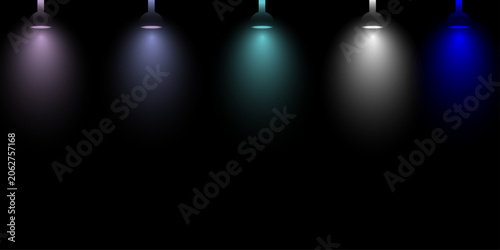 Five  spotlights illuminate textured. Blank background spotlights wall and floor, falling light, mixed colors, lantern reflection beige blue green pink purple dynamic energy. 