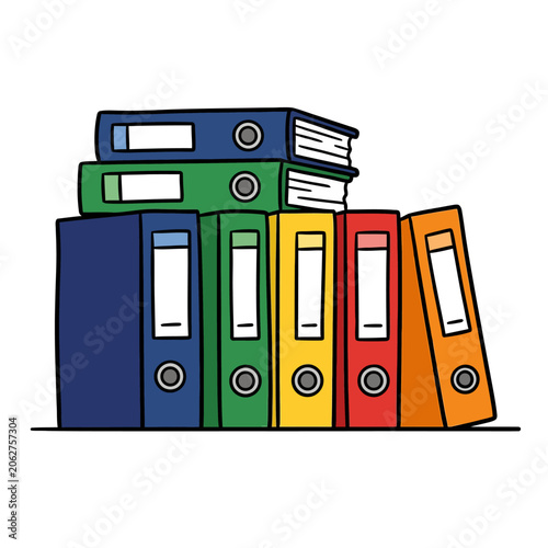 A stack of colorful office ring binders on a white surface