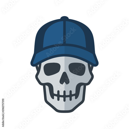 A human skull wearing a blue baseball cap on white background