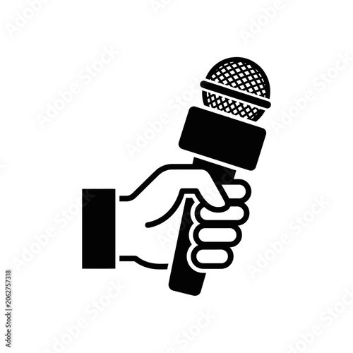 A hand holding a professional microphone icon on white background