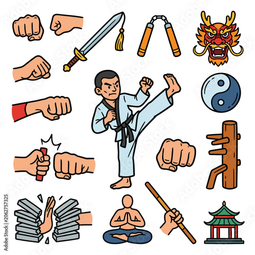 A collection of various martial arts icons and cartoon elements