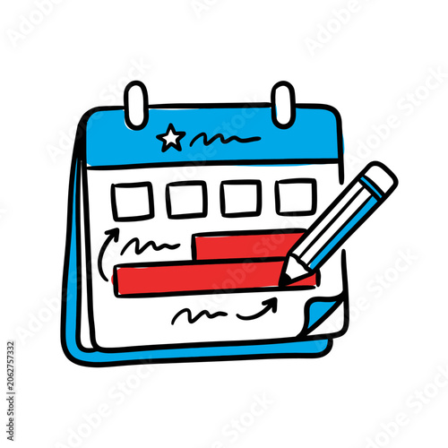 A hand drawn illustration of a blue calendar with a pencil