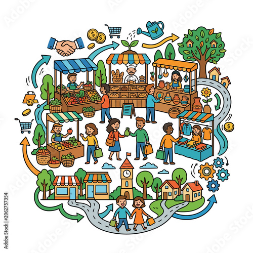 A vibrant illustration of a busy local community farmers market