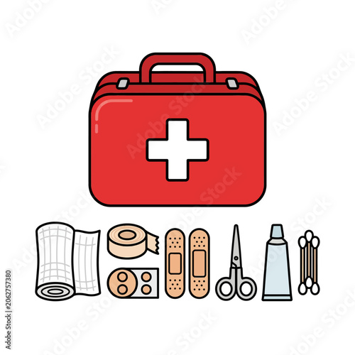 A red first aid kit with medical supplies on white