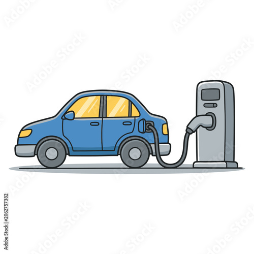 A blue electric car charges at a modern power station