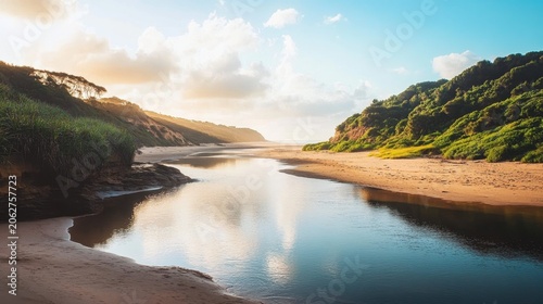 Wide river flowing through a sandy valley toward the ocean under a bright summer sky