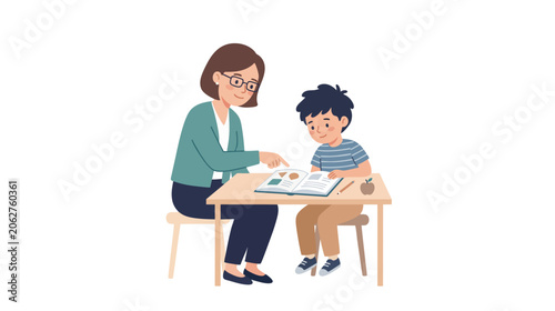 Teacher helping student understand lesson, minimalist 2d flat illustration style, back to school