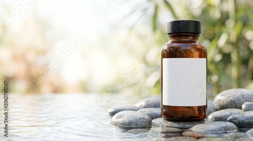 Elegant blank white block amber glass bottle mockup with water ripples and copy space