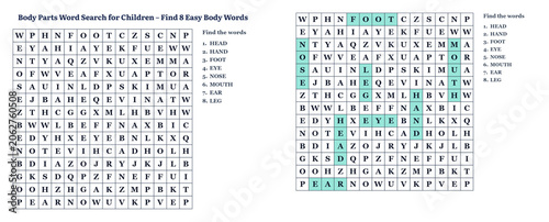 Bild auf Leinwand Body Parts Word Search for Kids – 8 Easy Body Words on White Background with Ans