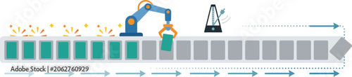 Robotic arm operates on a factory conveyor belt to automate the efficient assembly and processing of industrial product components in a modern manufacturing facility.