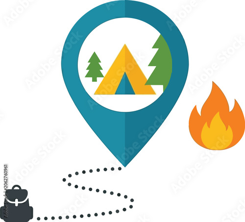 Camping location pin icon marks a travel destination with a backpack and fire symbol nearby.