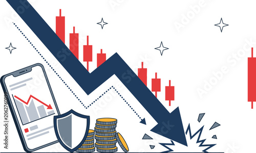 Smartphone displays a falling stock market graph alongside a protective shield and a stack of coins.