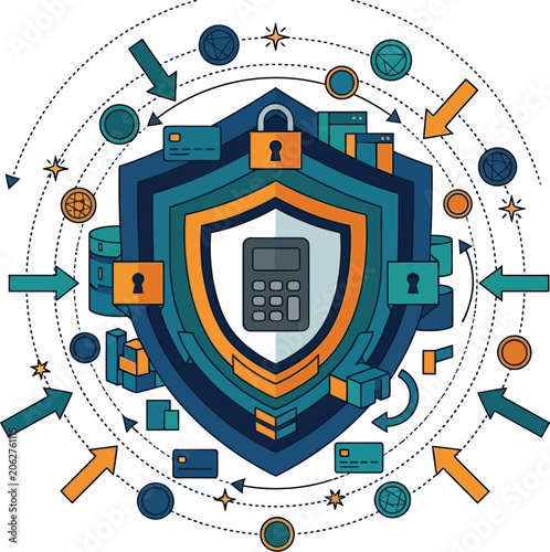 Shield containing a calculator icon illustrates the concept of secure financial data and protected investment assets.