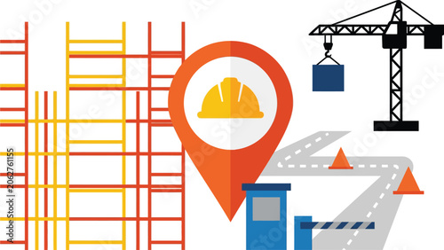 Construction site map marker indicates active building development and infrastructure progress.