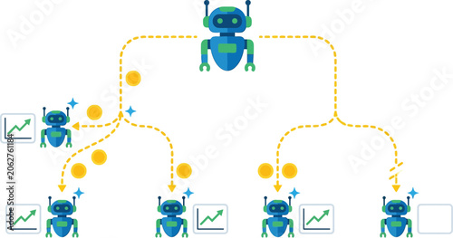 Robot characters demonstrate the automated distribution of assets through a hierarchical network.