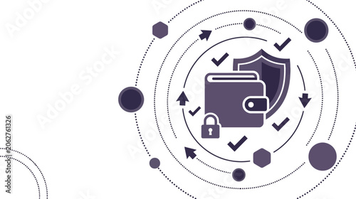 Wallet icon sits centrally within a protective shield and circular digital security pathway.