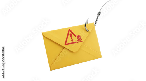 A yellow envelope with a warning symbol and skull icon is impaled on a fishing hook, symbolizing a phishing scam against a white background.