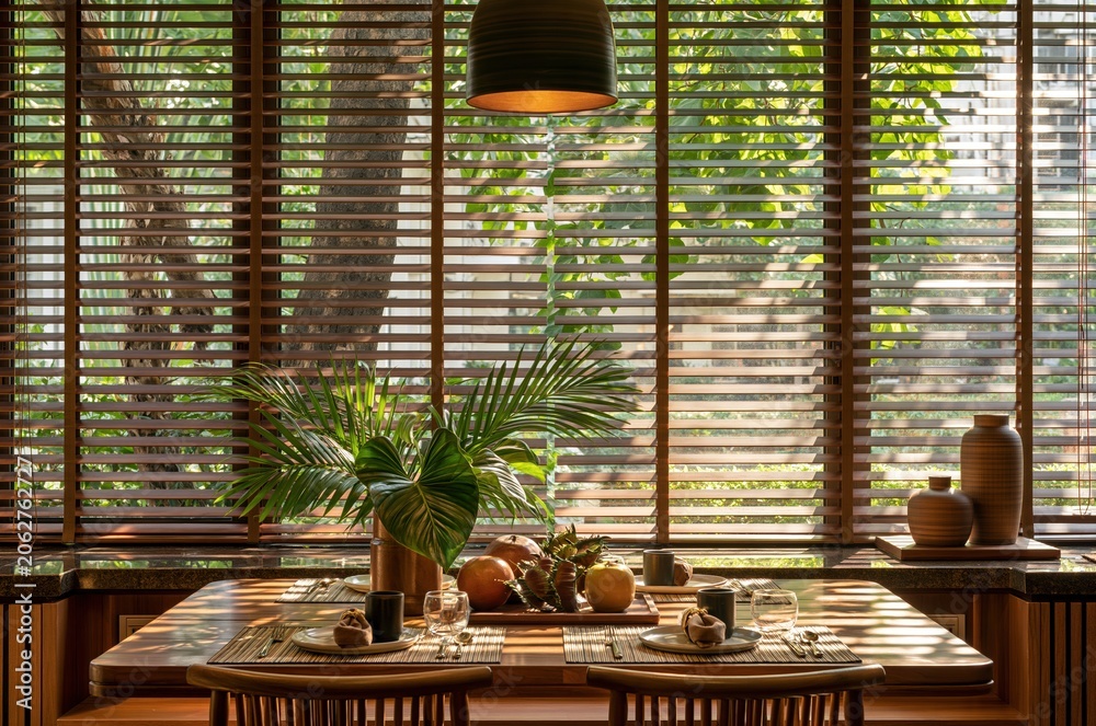 Obraz premium Elegant dining table set for a meal with lush tropical greenery and warm sunlight filtering through blinds