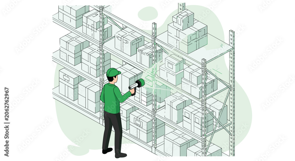 Naklejka premium Warehouse worker in green uniform uses handheld laser scanner to check inventory on metal shelving units filled with stacked cube containers in logistics facility.