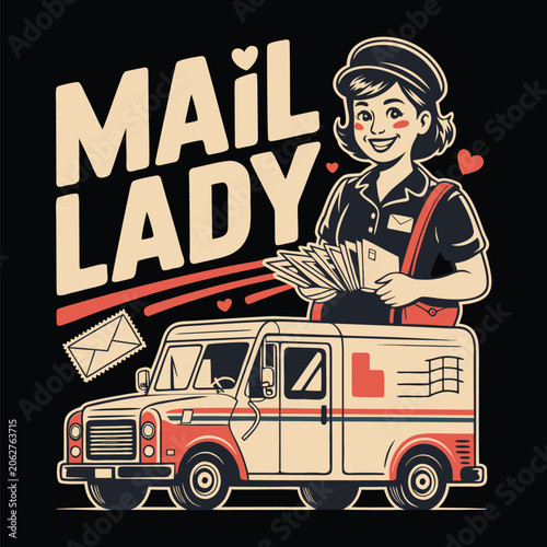 Fotografi Mail Lady Retro Postal Worker Delivery T Shirt Design, mail lady, mail carrier