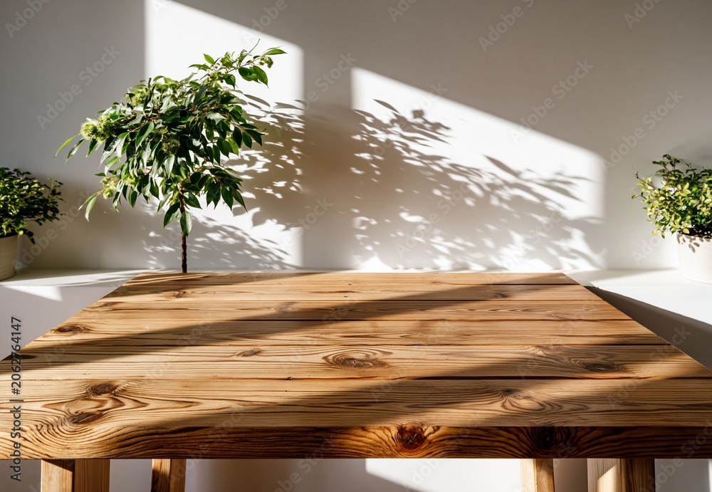 Obraz premium Rustic Wooden Table Surface with Sunlight Shadows and Green Plants Indoor