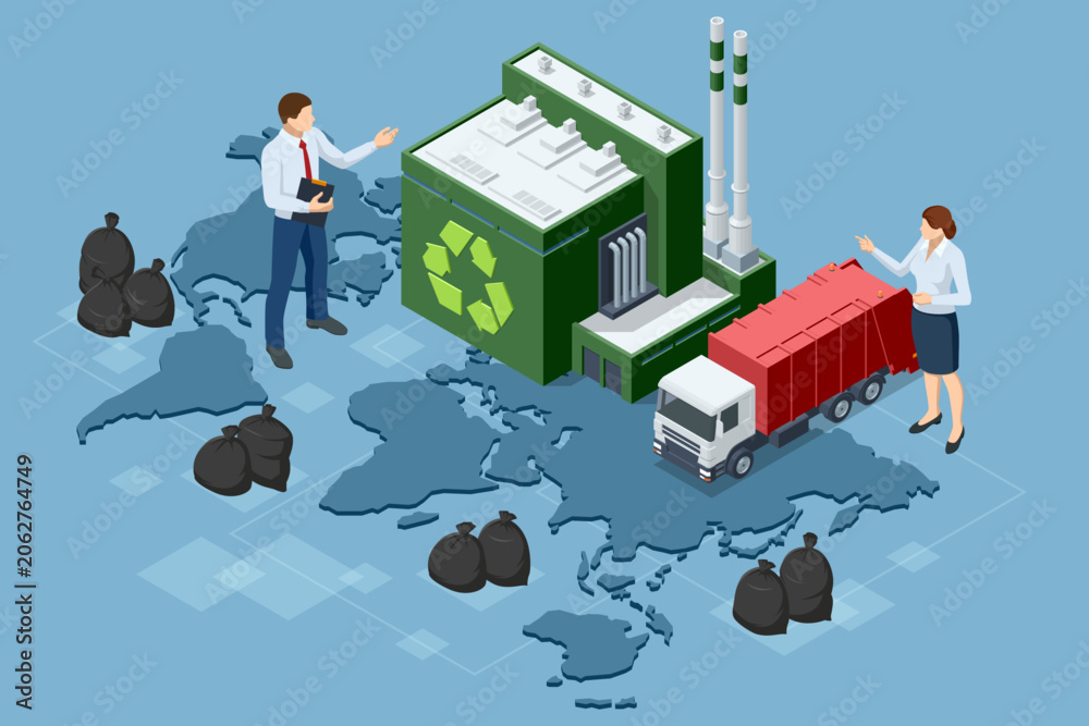 Fototapeta premium Isometric recycling plant with world map, garbage truck, trash bag and business people. Environmental management illustration presents global waste disposal, eco policy and utility infrastructure