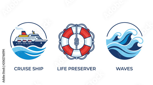 Three circular icons featuring a cruise ship a life preserver and blue ocean wave patterns