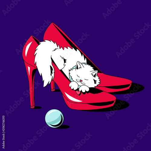 Cute fluffy kitten sleeping inside bright red high heel shoes beside a toy ball in charming cartoon illustration with playful and cozy atmosphere