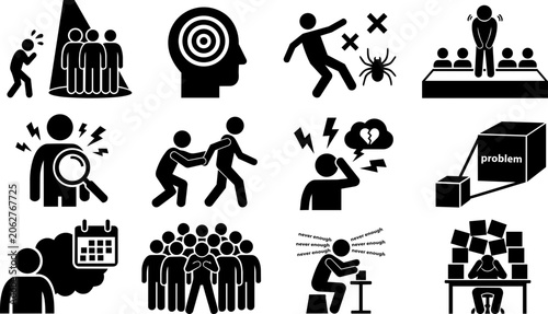 Bild auf Leinwand Anxiety Disorder Types and Trigger Concepts Silhouette Icon Set